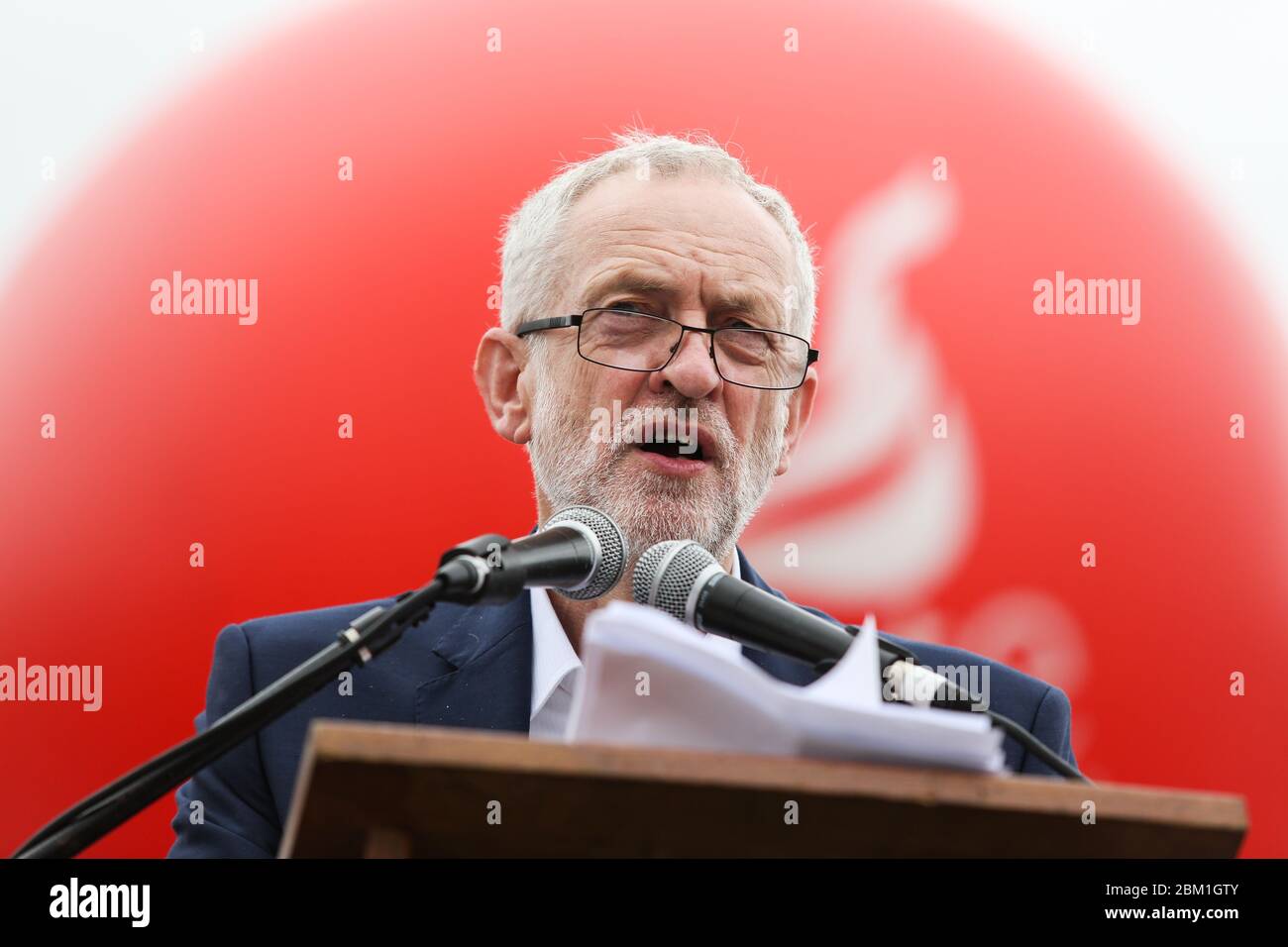 Labour leader Jeremy Corbyn addresses supporters at the Durham Miners' Gala in County Durham, UK.` Stock Photo